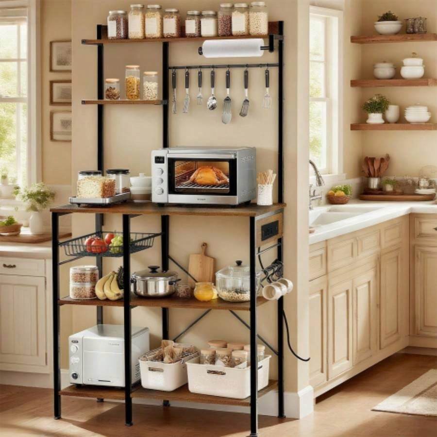 Bakers Rack with Power Outlet, Microwave Stand with Storage, Coffee Bar with S - Shaped Hooks, Kitchen Shelf with Wire Basket, Metal Bakers Rack Spices, Pots Brown
