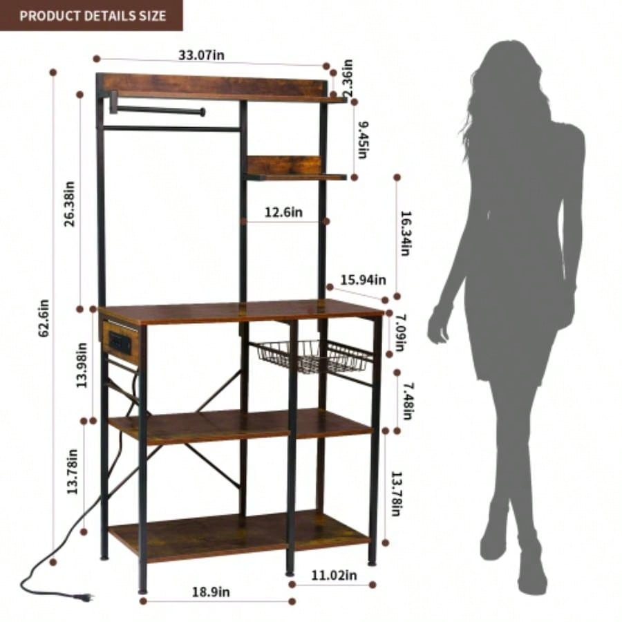 Bakers Rack with Power Outlet, Microwave Stand with Storage, Coffee Bar with S - Shaped Hooks, Kitchen Shelf with Wire Basket, Metal Bakers Rack Spices, Pots Brown