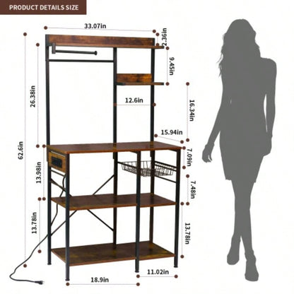 Bakers Rack with Power Outlet, Microwave Stand with Storage, Coffee Bar with S - Shaped Hooks, Kitchen Shelf with Wire Basket, Metal Bakers Rack Spices, Pots Brown