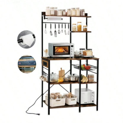 Bakers Rack with Power Outlet, Microwave Stand with Storage, Coffee Bar with S - Shaped Hooks, Kitchen Shelf with Wire Basket, Metal Bakers Rack Spices, Pots Brown