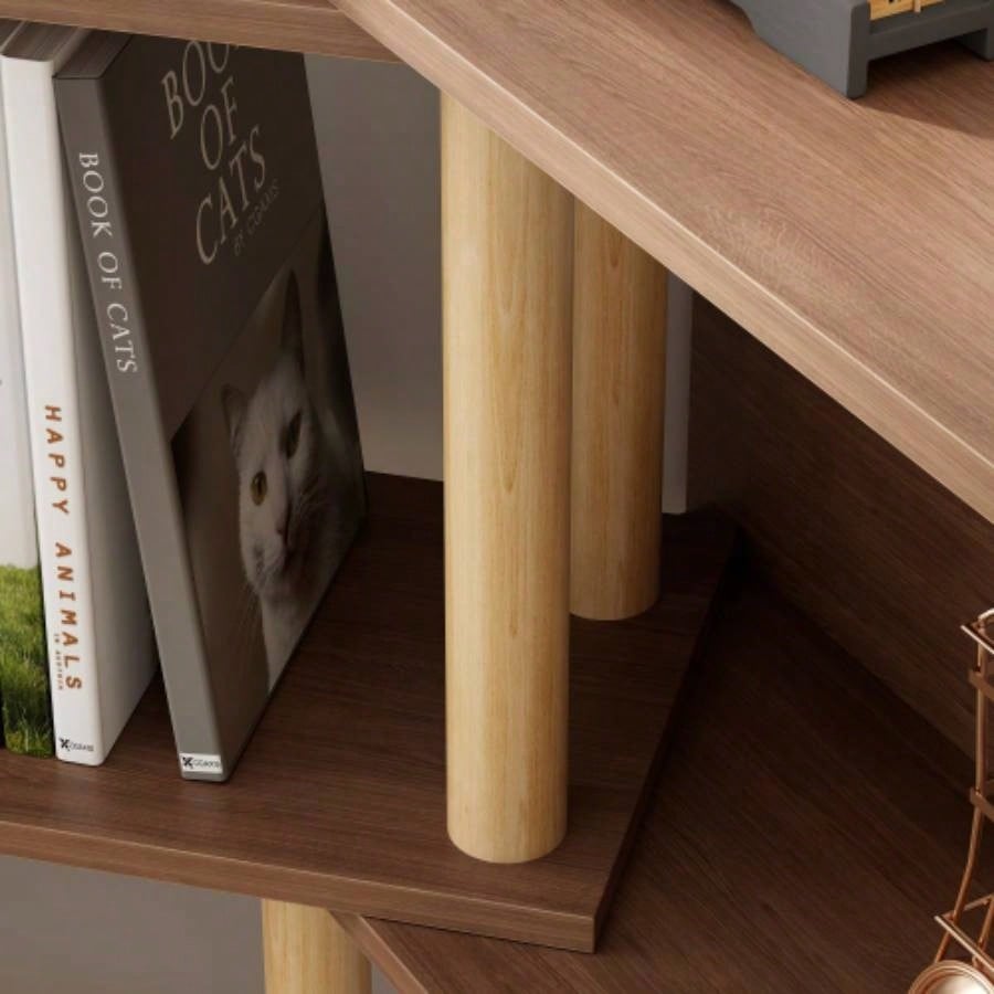 4 Tier Retractable Rotatable Bookcases, Wooden Corner Book Shelf, Storage Rack CDs/Movies/Books, Rustic Brown Bookcase, Utility Organizer Shelves Living Room Home Office