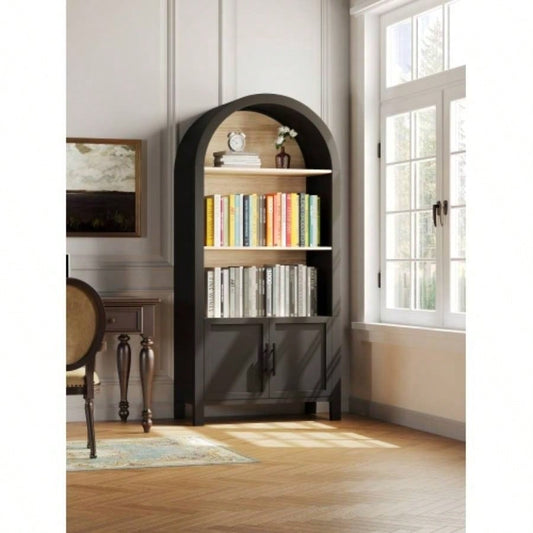 66.70 inch Tall Arched Bookcase with Storage, Mid - Modern 3 - Tier Arched Cabinet with Door, Arched Bookshelf Cabinet with Open Display Storage Shelf Office Dining Room Living Room Black
