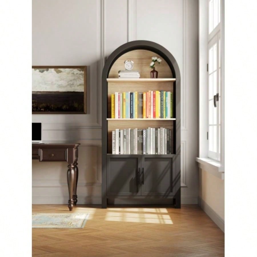 66.70 inch Tall Arched Bookcase with Storage, Mid - Modern 3 - Tier Arched Cabinet with Door, Arched Bookshelf Cabinet with Open Display Storage Shelf Office Dining Room Living Room Black
