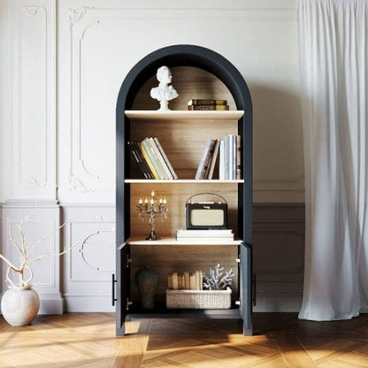 66.70 inch Tall Arched Bookcase with Storage, Mid - Modern 3 - Tier Arched Cabinet with Door, Arched Bookshelf Cabinet with Open Display Storage Shelf Office Dining Room Living Room Black