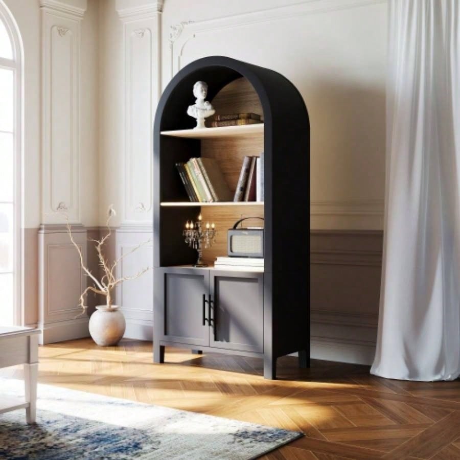 66.70 inch Tall Arched Bookcase with Storage, Mid - Modern 3 - Tier Arched Cabinet with Door, Arched Bookshelf Cabinet with Open Display Storage Shelf Office Dining Room Living Room Black