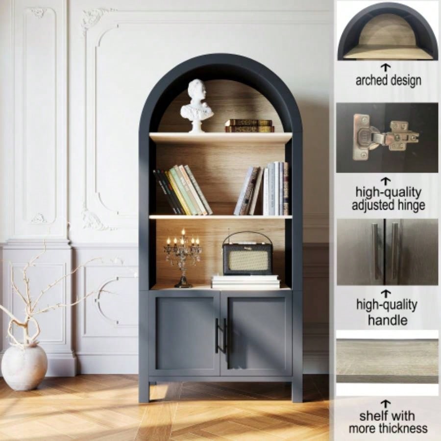 66.70 inch Tall Arched Bookcase with Storage, Mid - Modern 3 - Tier Arched Cabinet with Door, Arched Bookshelf Cabinet with Open Display Storage Shelf Office Dining Room Living Room Black