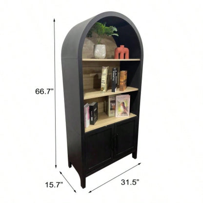 66.70 inch Tall Arched Bookcase with Storage, Mid - Modern 3 - Tier Arched Cabinet with Door, Arched Bookshelf Cabinet with Open Display Storage Shelf Office Dining Room Living Room Black