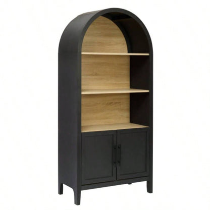 66.70 inch Tall Arched Bookcase with Storage, Mid - Modern 3 - Tier Arched Cabinet with Door, Arched Bookshelf Cabinet with Open Display Storage Shelf Office Dining Room Living Room Black