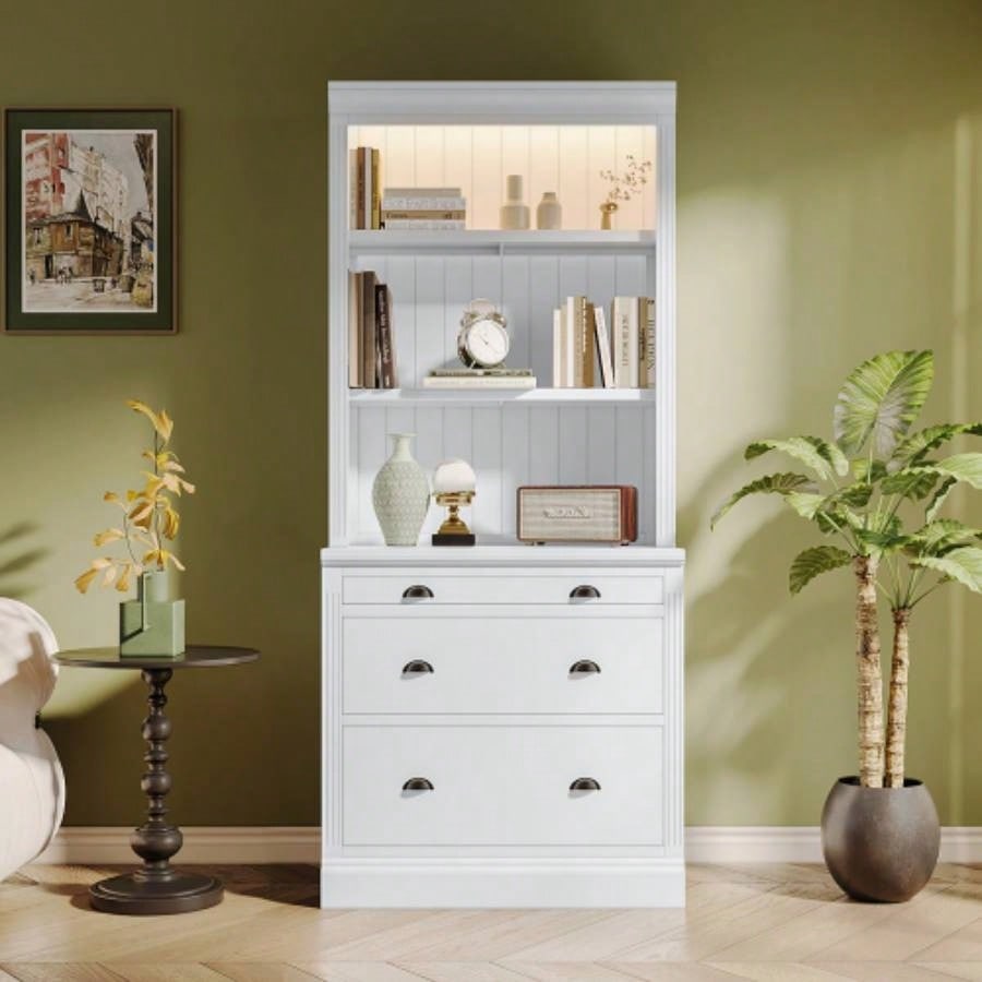 83.4Tall Bookshelf with LED Lighting, Modern Bookcase with 3 Drawer and Open Shelves, Storage Bookshelf Living Room, Home Office, White
