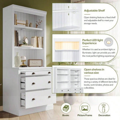 83.4Tall Bookshelf with LED Lighting, Modern Bookcase with 3 Drawer and Open Shelves, Storage Bookshelf Living Room, Home Office, White