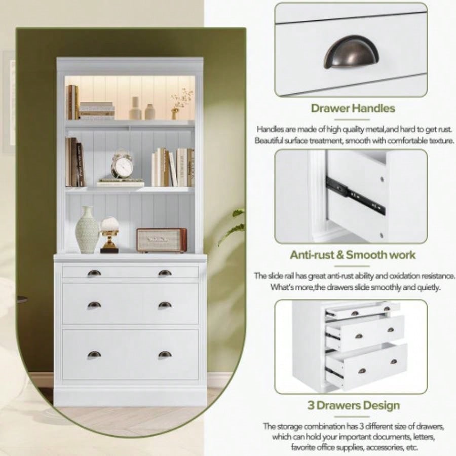83.4Tall Bookshelf with LED Lighting, Modern Bookcase with 3 Drawer and Open Shelves, Storage Bookshelf Living Room, Home Office, White