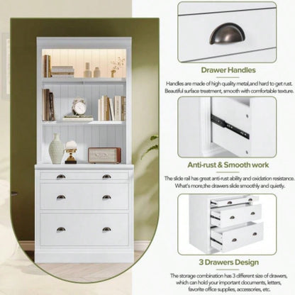 83.4Tall Bookshelf with LED Lighting, Modern Bookcase with 3 Drawer and Open Shelves, Storage Bookshelf Living Room, Home Office, White