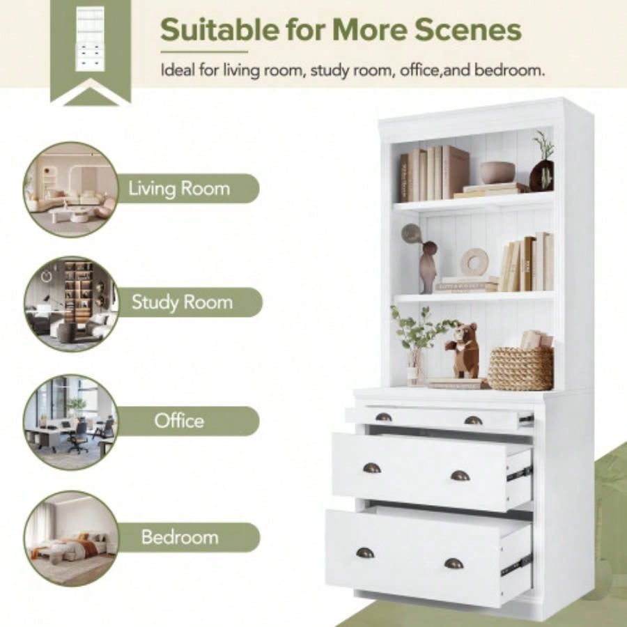 83.4Tall Bookshelf with LED Lighting, Modern Bookcase with 3 Drawer and Open Shelves, Storage Bookshelf Living Room, Home Office, White