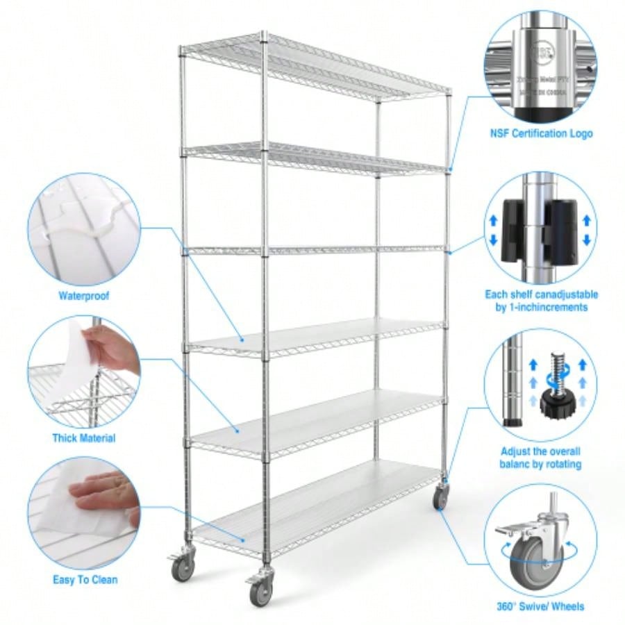 6 Tier Wire Shelving Unit, 6000 LBS NSF Height Adjustable Metal Garage Storage Shelves with Wheels, Heavy Duty Storage Wire Rack Metal Shelves - - 186082
