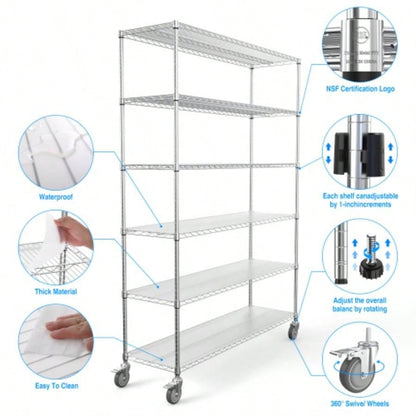 6 Tier Wire Shelving Unit, 6000 LBS NSF Height Adjustable Metal Garage Storage Shelves with Wheels, Heavy Duty Storage Wire Rack Metal Shelves - - 186082