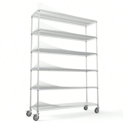 6 Tier Wire Shelving Unit, 6000 LBS NSF Height Adjustable Metal Garage Storage Shelves with Wheels, Heavy Duty Storage Wire Rack Metal Shelves - - 186082