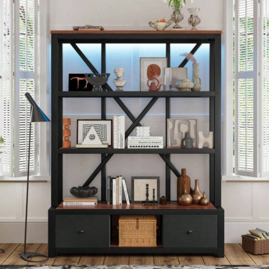 3 - Shelf Metal Bookcase with Drawers Home Office, Open Bookcase, Vintage Industrial Style Bookcase with LED, Walnut Color
