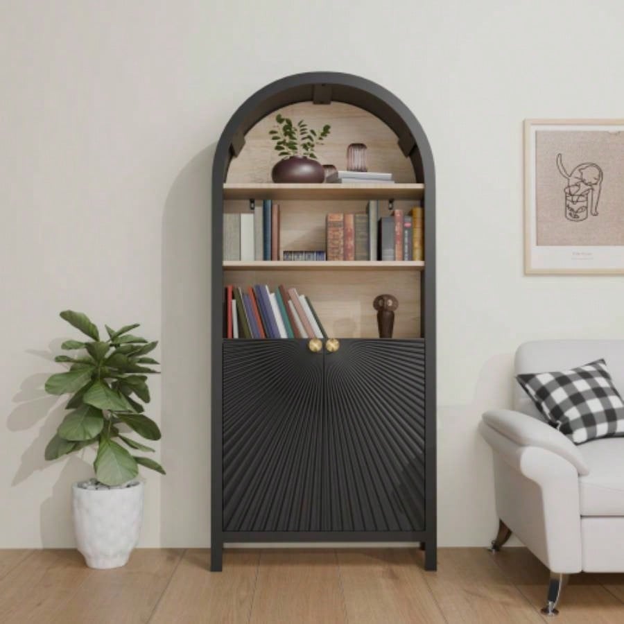61 Tall Arched Cabinets, Bookcase with storage, Mid - Modern 5 - Tier Bookshelf with Door, Black