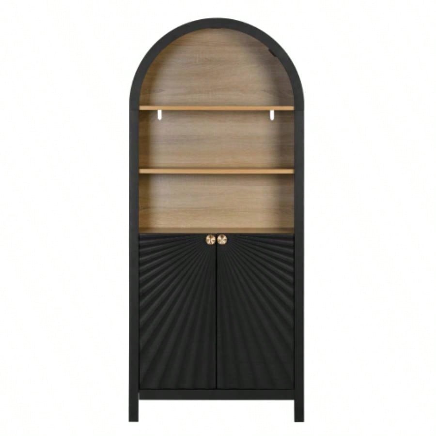 61 Tall Arched Cabinets, Bookcase with storage, Mid - Modern 5 - Tier Bookshelf with Door, Black