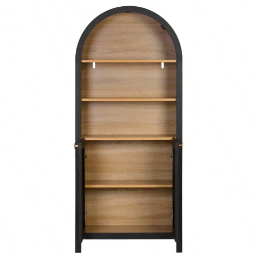 61 Tall Arched Cabinets, Bookcase with storage, Mid - Modern 5 - Tier Bookshelf with Door, Black