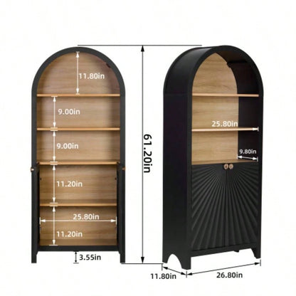61 Tall Arched Cabinets, Bookcase with storage, Mid - Modern 5 - Tier Bookshelf with Door, Black