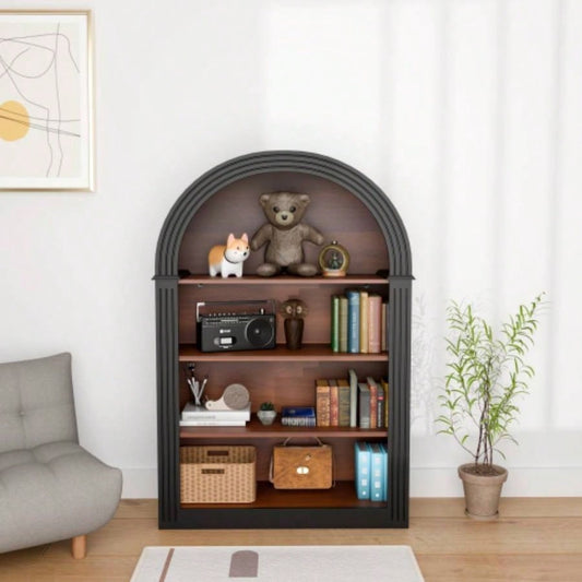 Bookcase, 4 - Shelf Tall Bookshelf, 45.66 Wood Open Display Floor Arched Bookcase, Large Storage Organizer Library, Bedroom, and Living Room Black