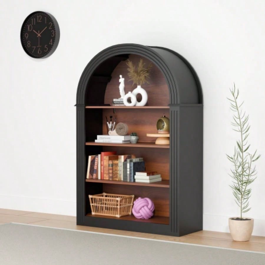 Bookcase, 4 - Shelf Tall Bookshelf, 45.66 Wood Open Display Floor Arched Bookcase, Large Storage Organizer Library, Bedroom, and Living Room Black