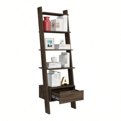 Ladder Bookcase Bull, One Drawer, Five Open Shelves, Dark Walnut