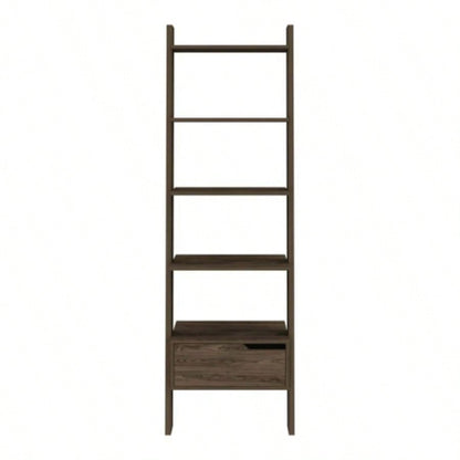 Ladder Bookcase Bull, One Drawer, Five Open Shelves, Dark Walnut