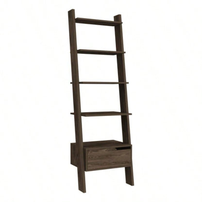 Ladder Bookcase Bull, One Drawer, Five Open Shelves, Dark Walnut