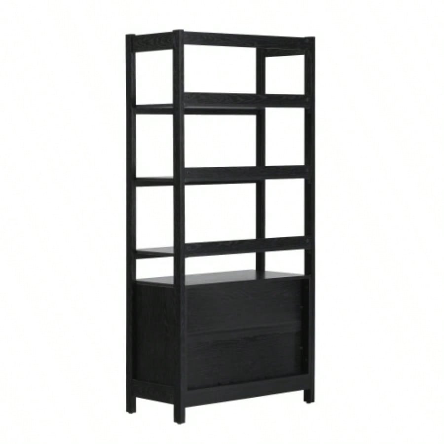 Transitional Wide Reeded Bookshelf with Drawers on Bottom - Black