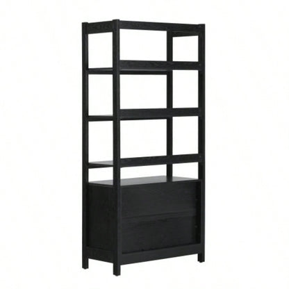 Transitional Wide Reeded Bookshelf with Drawers on Bottom - Black