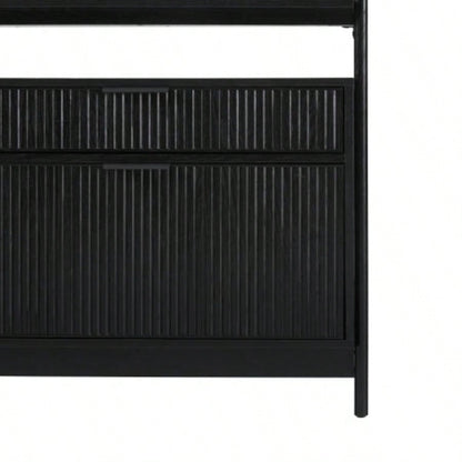 Transitional Wide Reeded Bookshelf with Drawers on Bottom - Black