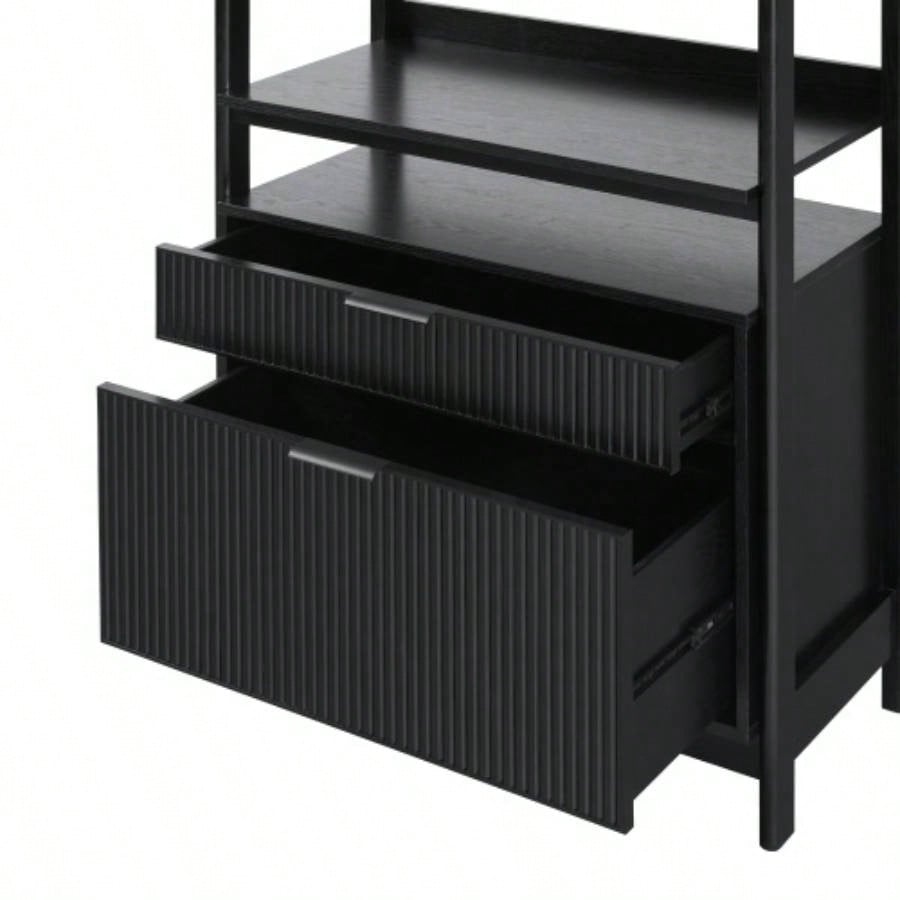 Transitional Wide Reeded Bookshelf with Drawers on Bottom - Black