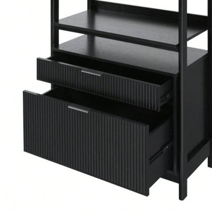 Transitional Wide Reeded Bookshelf with Drawers on Bottom - Black