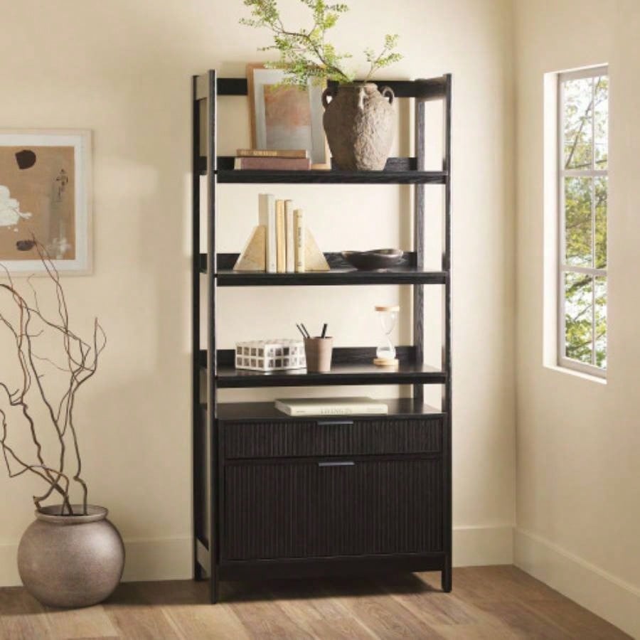 Transitional Wide Reeded Bookshelf with Drawers on Bottom - Black