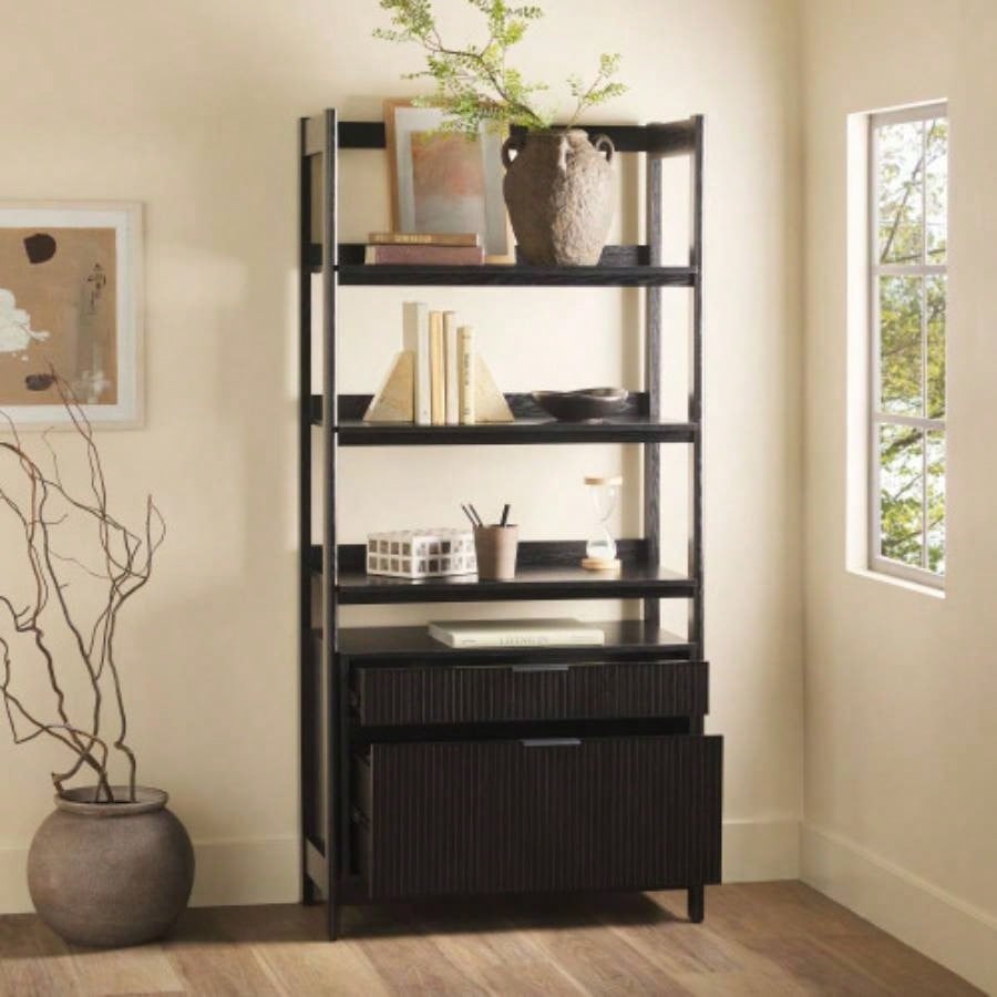 Transitional Wide Reeded Bookshelf with Drawers on Bottom - Black