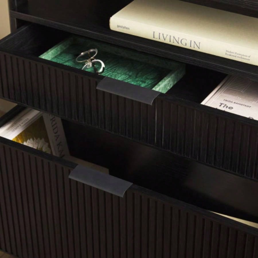 Transitional Wide Reeded Bookshelf with Drawers on Bottom - Black