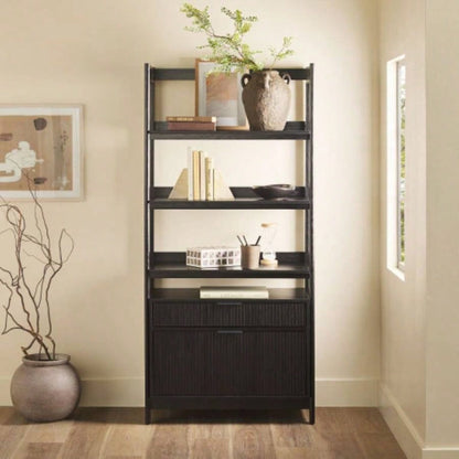 Transitional Wide Reeded Bookshelf with Drawers on Bottom - Black