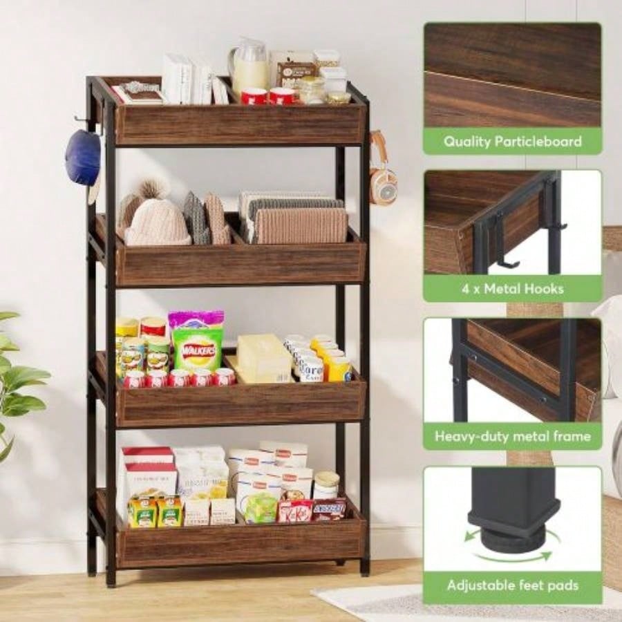 30 Inches 4 - Tier Retail Display Rack with Hooks, Tall Metal Snack Stand with Shelves, Chip Concession Organizer Store, Market, or Kitchen - Heavy - Duty Frame, Rustic Brown Black