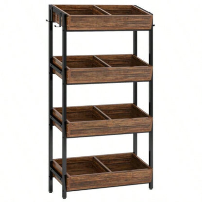 30 Inches 4 - Tier Retail Display Rack with Hooks, Tall Metal Snack Stand with Shelves, Chip Concession Organizer Store, Market, or Kitchen - Heavy - Duty Frame, Rustic Brown Black