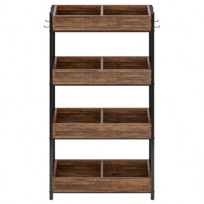 30 Inches 4 - Tier Retail Display Rack with Hooks, Tall Metal Snack Stand with Shelves, Chip Concession Organizer Store, Market, or Kitchen - Heavy - Duty Frame, Rustic Brown Black