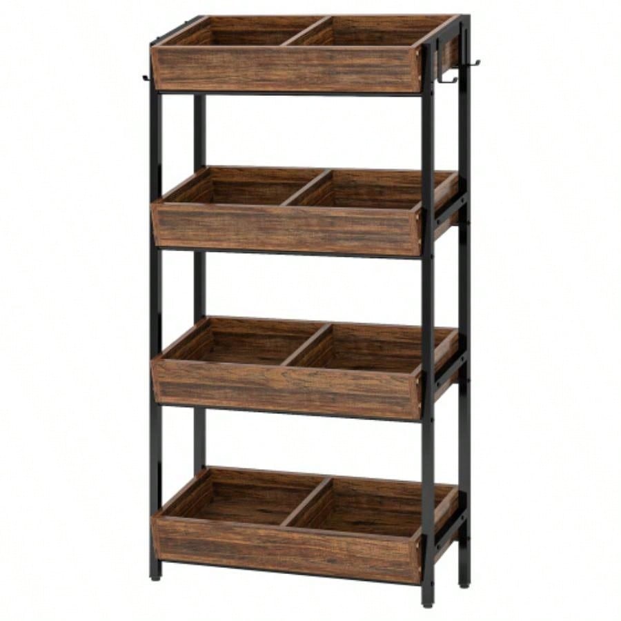 30 Inches 4 - Tier Retail Display Rack with Hooks, Tall Metal Snack Stand with Shelves, Chip Concession Organizer Store, Market, or Kitchen - Heavy - Duty Frame, Rustic Brown Black