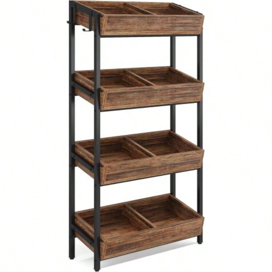 30 Inches 4 - Tier Retail Display Rack with Hooks, Tall Metal Snack Stand with Shelves, Chip Concession Organizer Store, Market, or Kitchen - Heavy - Duty Frame, Rustic Brown Black