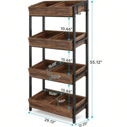 30 Inches 4 - Tier Retail Display Rack with Hooks, Tall Metal Snack Stand with Shelves, Chip Concession Organizer Store, Market, or Kitchen - Heavy - Duty Frame, Rustic Brown Black