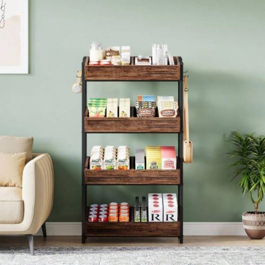 30 Inches 4 - Tier Retail Display Rack with Hooks, Tall Metal Snack Stand with Shelves, Chip Concession Organizer Store, Market, or Kitchen - Heavy - Duty Frame, Rustic Brown Black
