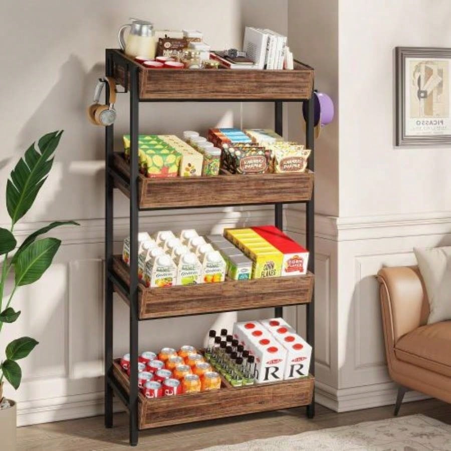 30 Inches 4 - Tier Retail Display Rack with Hooks, Tall Metal Snack Stand with Shelves, Chip Concession Organizer Store, Market, or Kitchen - Heavy - Duty Frame, Rustic Brown Black