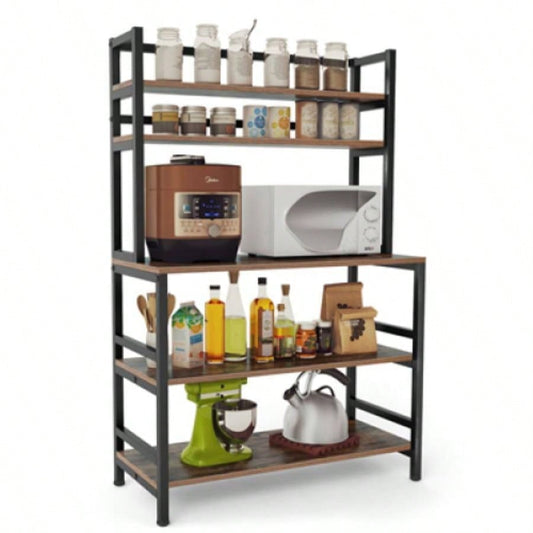 5 - Tier Kitchen Bakers Rack with Hutch 32 Inches Microwave Oven Stand with Shelves standing Kitchen Utility Storage Organizer with Hooks Countertop, Rustic Brown