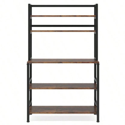 5 - Tier Kitchen Bakers Rack with Hutch 32 Inches Microwave Oven Stand with Shelves standing Kitchen Utility Storage Organizer with Hooks Countertop, Rustic Brown