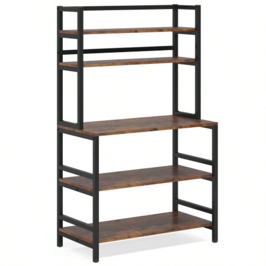 5 - Tier Kitchen Bakers Rack with Hutch 32 Inches Microwave Oven Stand with Shelves standing Kitchen Utility Storage Organizer with Hooks Countertop, Rustic Brown